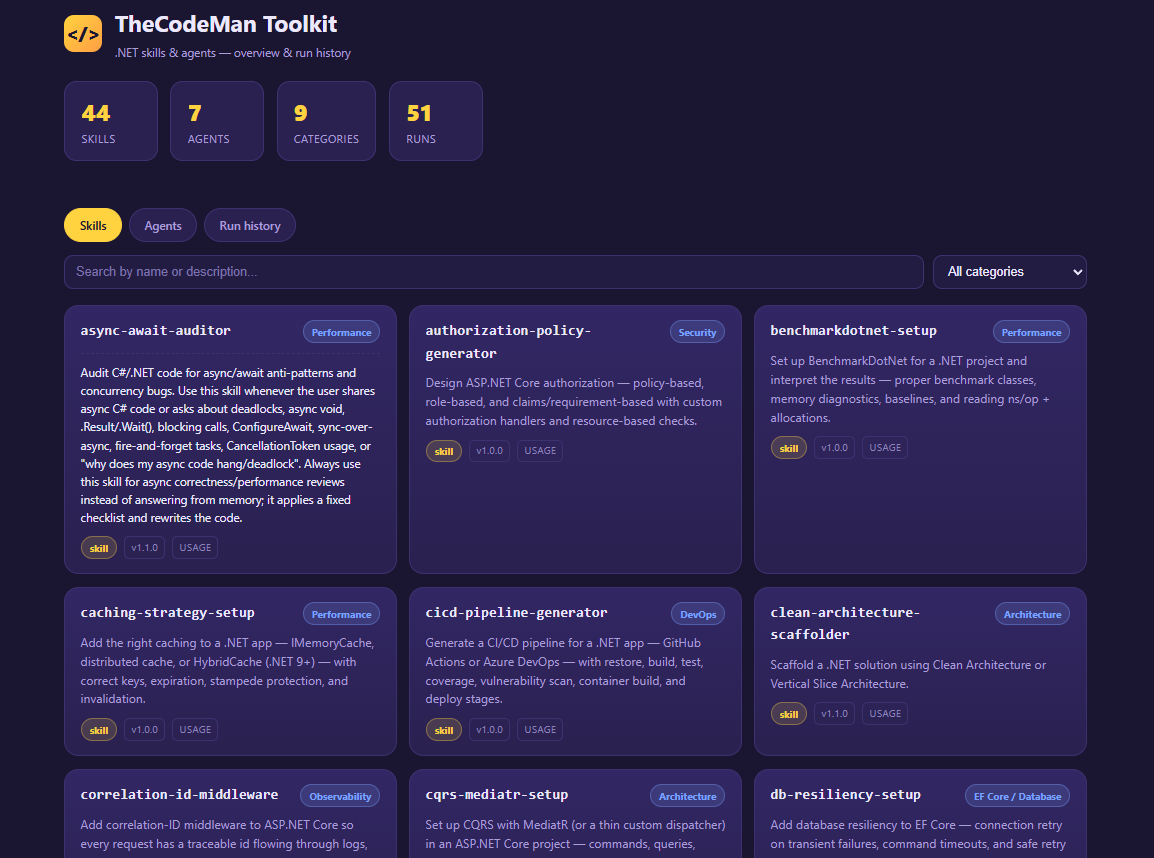 TheCodeMan AI Toolkit - run history dashboard