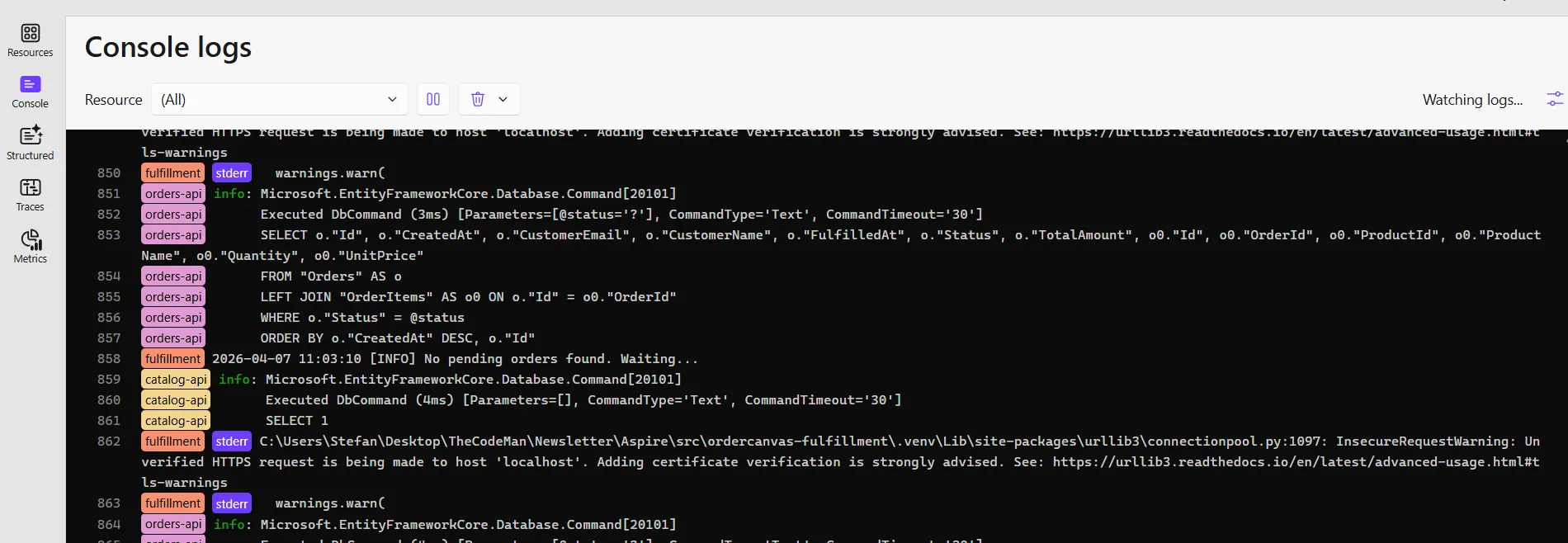 Aspire Dashboard Console Logs