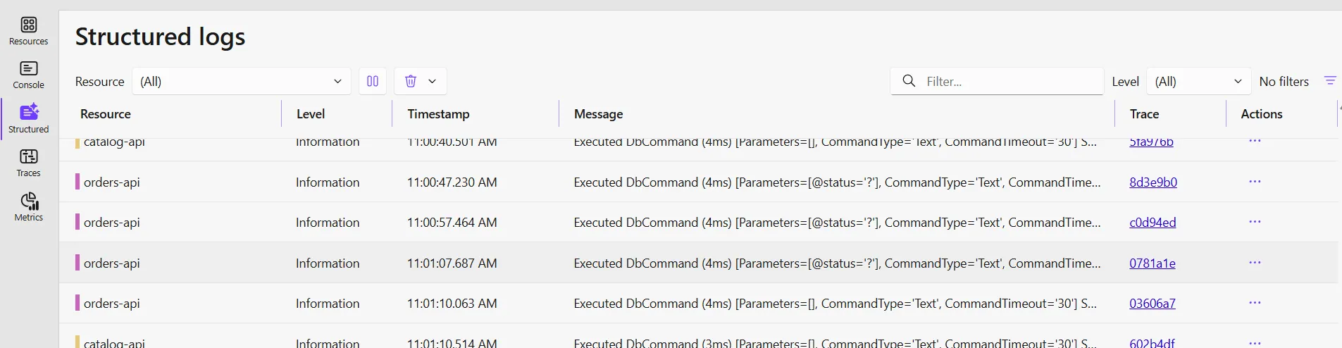 Aspire Dashboard Structured Logs