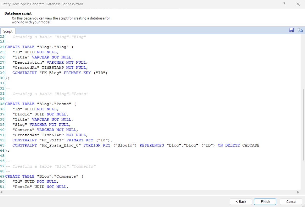 Generate Database Script Result