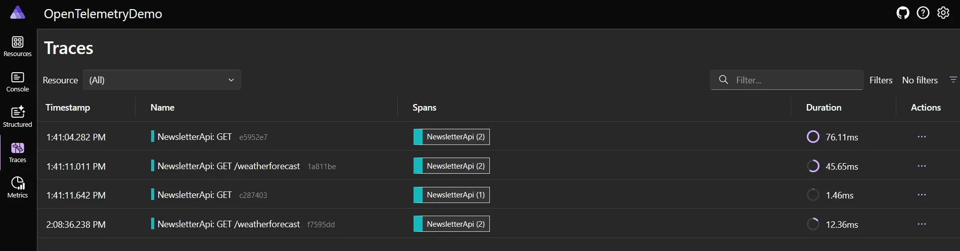 .NET Aspire dashboard distributed Traces view with spans across services