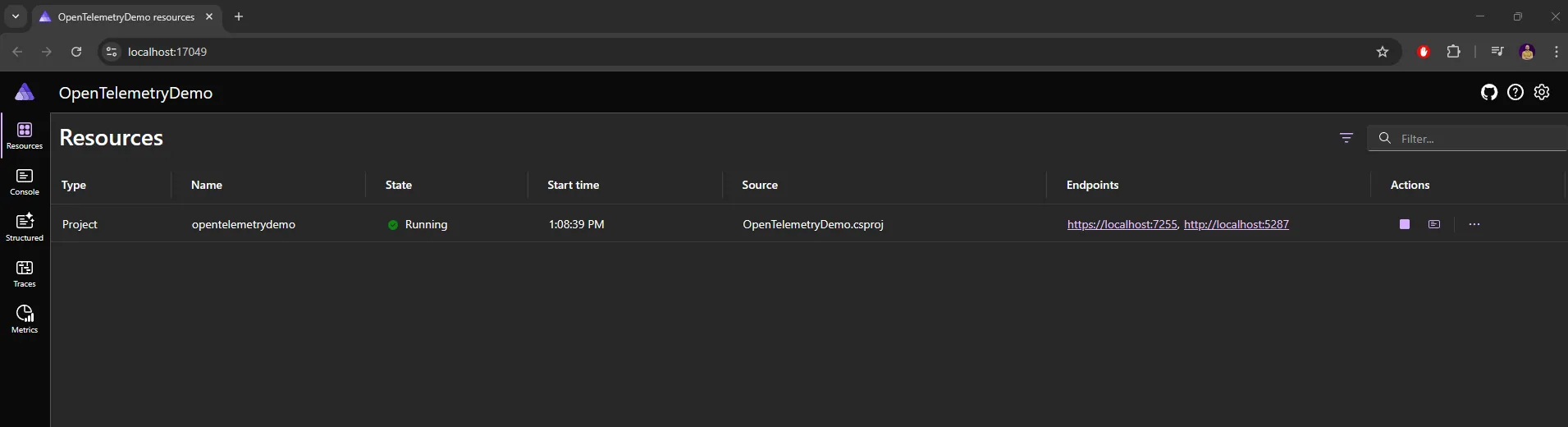 .NET Aspire dashboard overview screen after starting the sample application