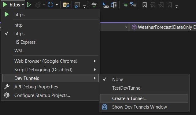 Create Dev Tunnel from Debug Menu