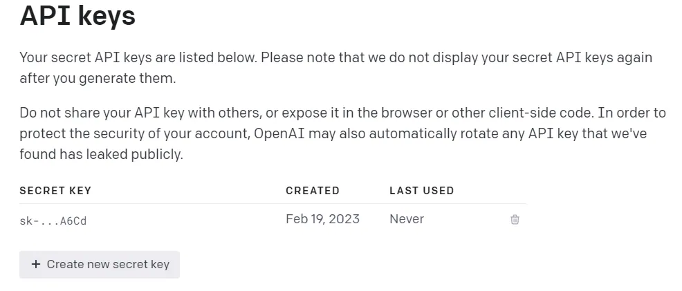 OpenAI dashboard showing the generated ChatGPT API secret key