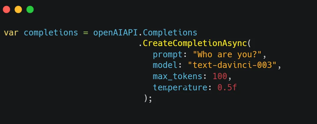 C# code calling the OpenAI CreateCompletion endpoint with a prompt