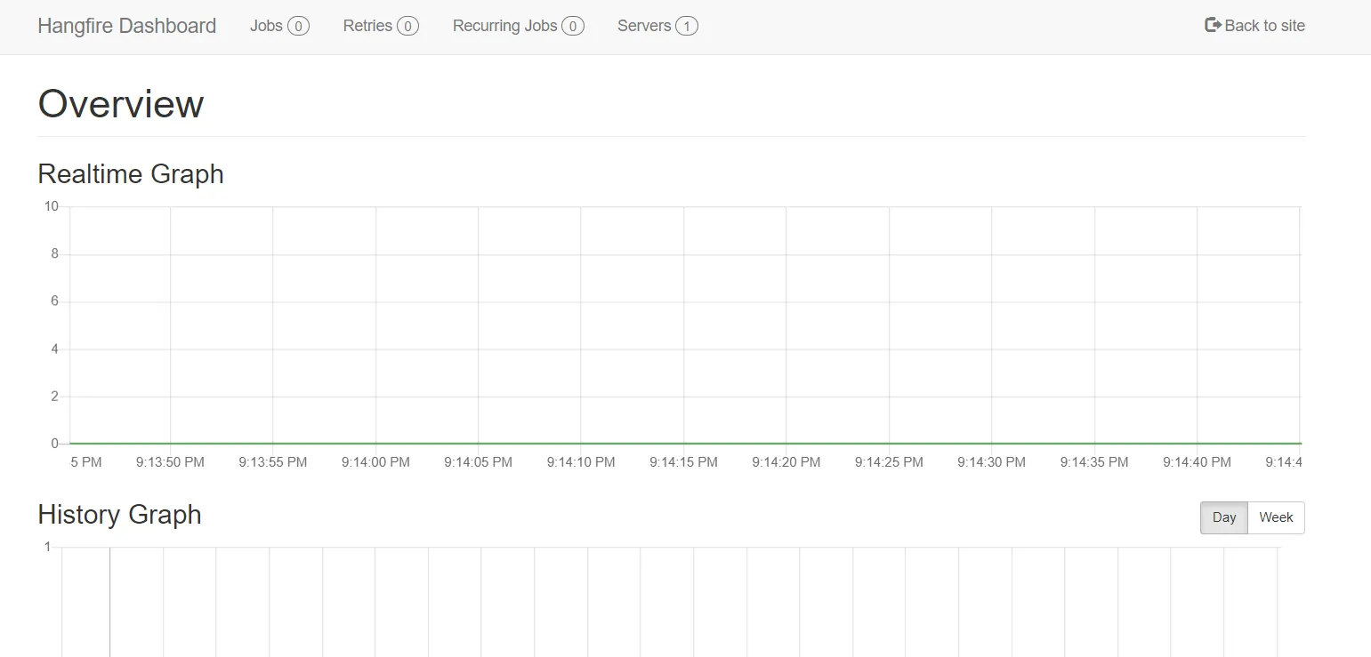 Hangfire dashboard listing recurring and background jobs in an ASP.NET Core app